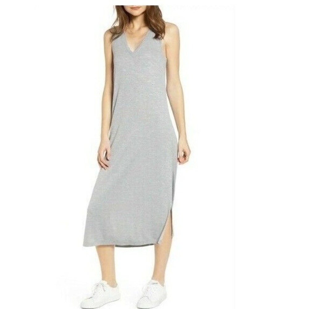 Paige Grey Heathered V-Neck Sleeveless Midi Dress with Side Slits Small